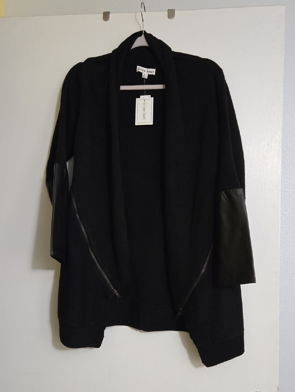 Black Open-Front Cardigan with Leather Look Lower Sleeves And Zipper Accents